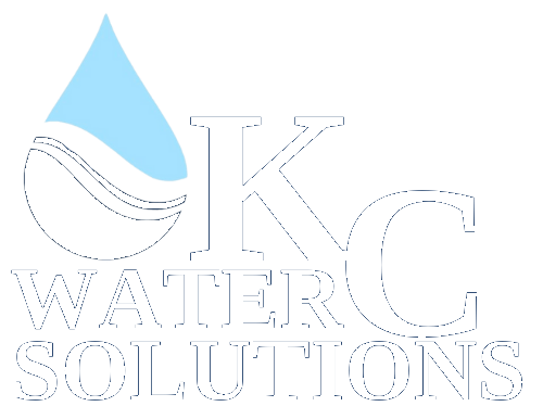 Logo for "KC Water Solutions" featuring a stylized water droplet with wave designs next to the text. The design uses light blue and white colors on a transparent background.